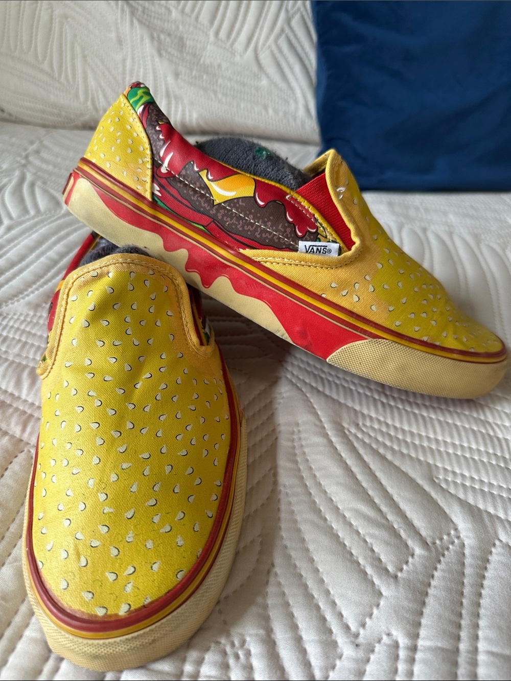 Vans Yellow Slip-On Sneakers with Red & Brown Burger Graphics